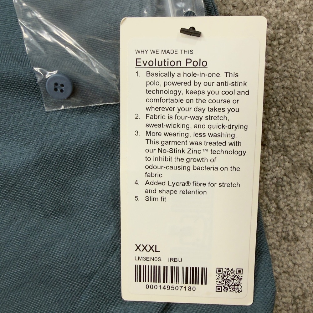 Lululemon‎ Evolution Polo Mens 3XL Iron Blue Short Sleeve Slim Fit Stretch Shirt - Picture 2 of 8
